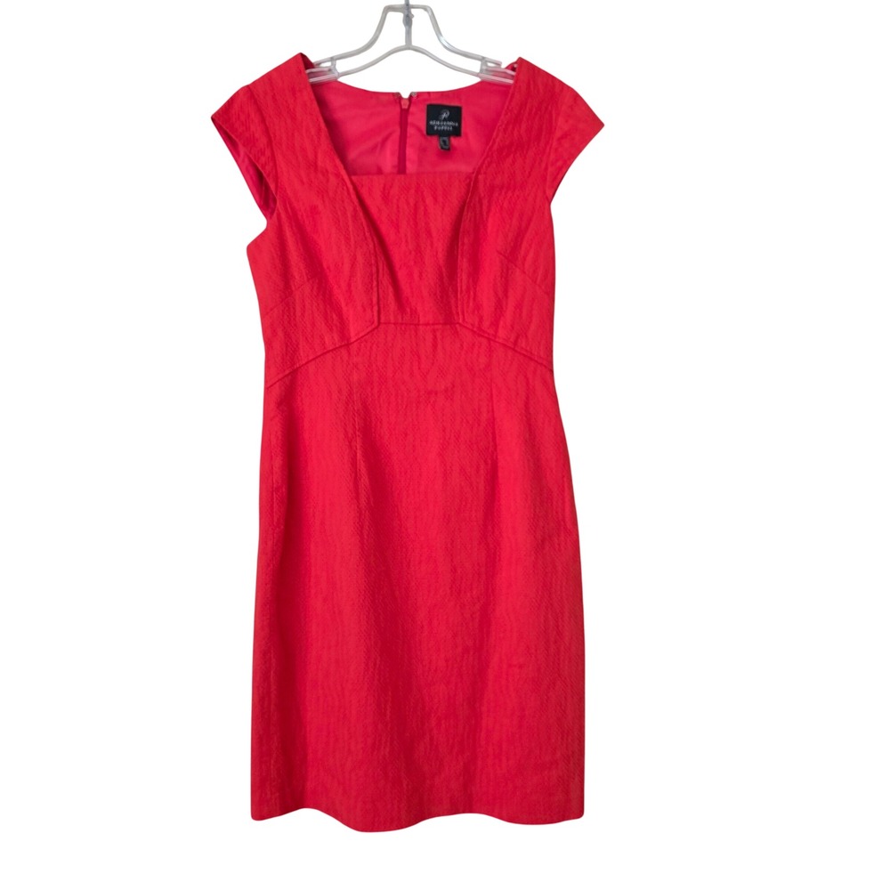 Adrianna Papell Red Textured Cap Sleeve Sheath Dress Square Neck Size 4
